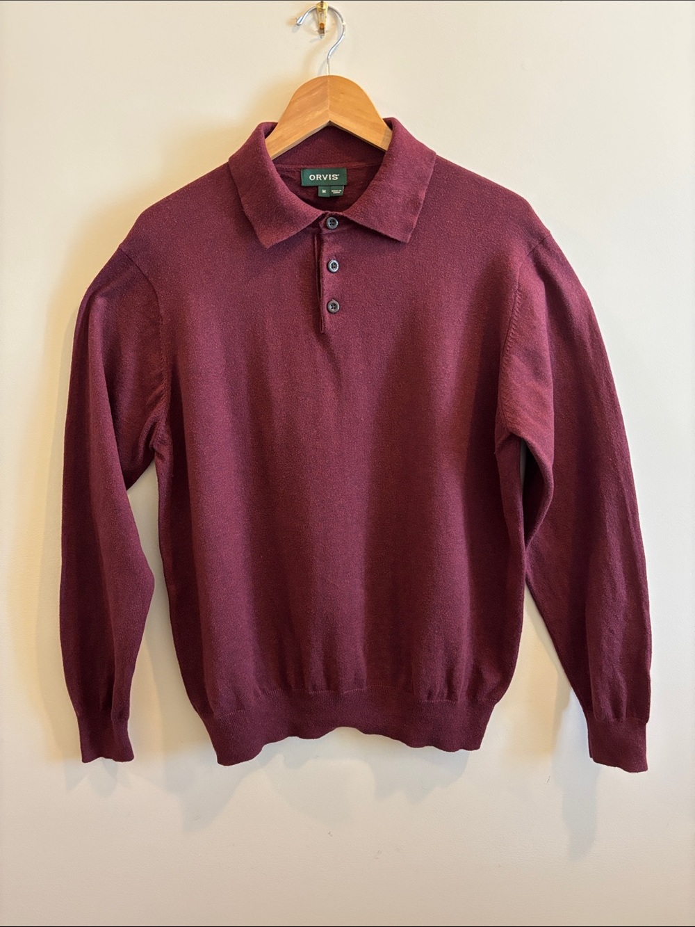 Orvis Men's Wine Burgundy Long-Sleeve Polo Sweater, cotton silk cashmere